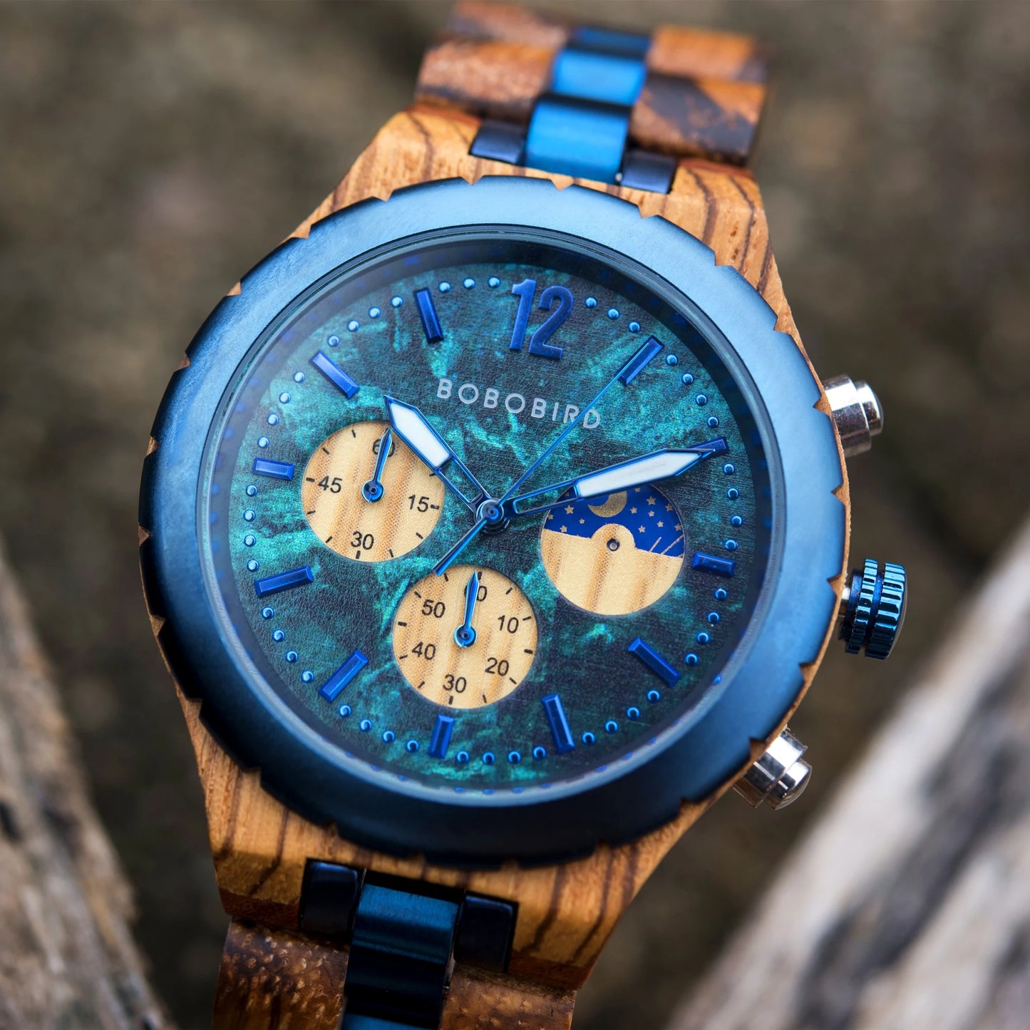 Coral Blue Wood Watch