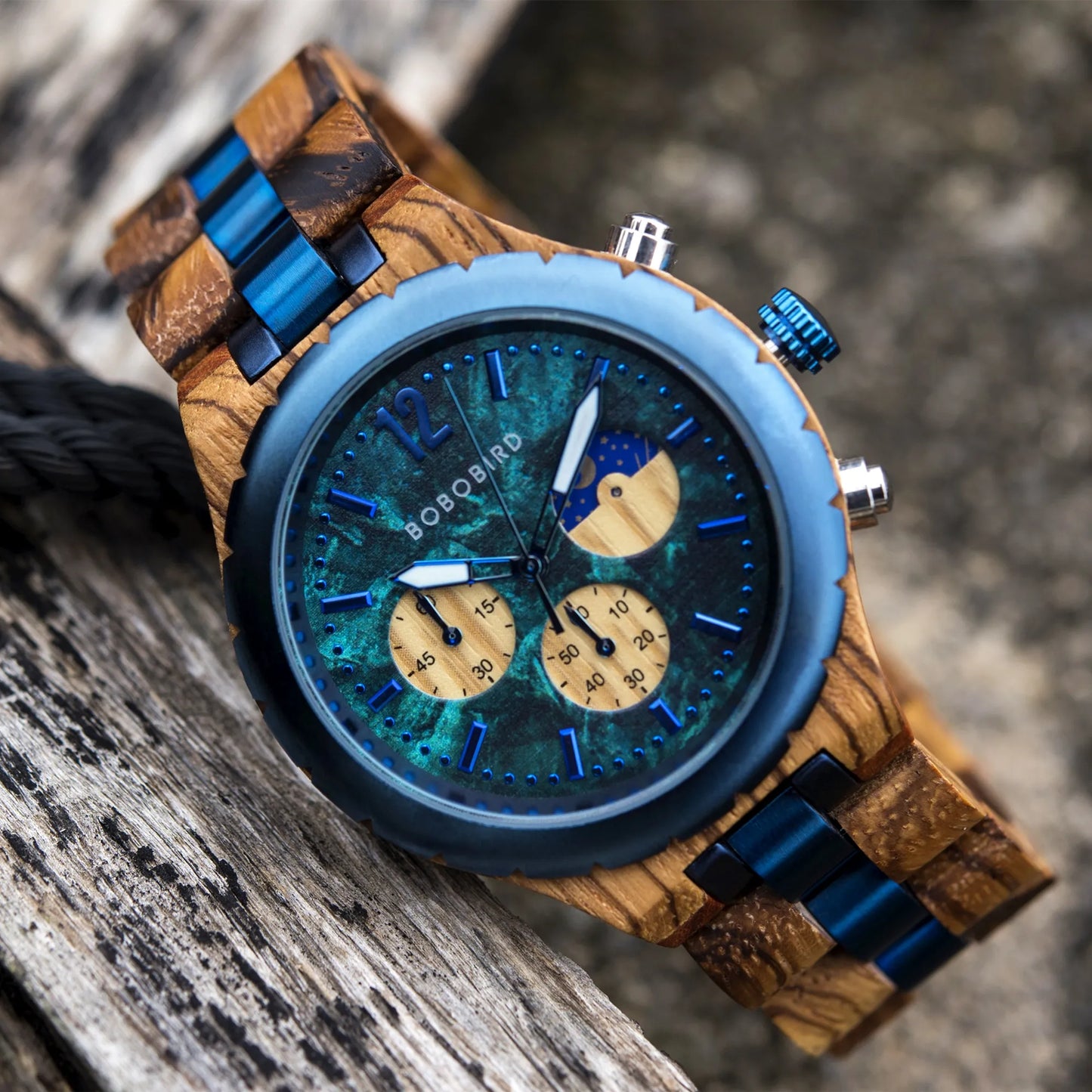 Coral Blue Wood Watch